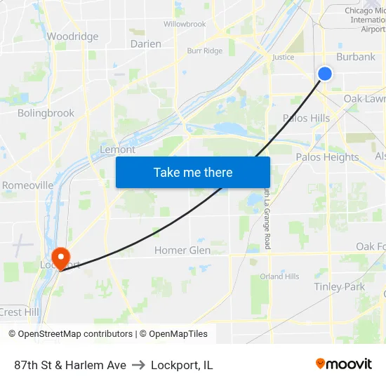 87th St & Harlem Ave to Lockport, IL map