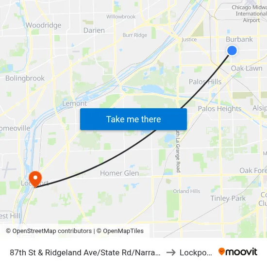 87th St & Ridgeland Ave/State Rd/Narragansett Ave to Lockport, IL map