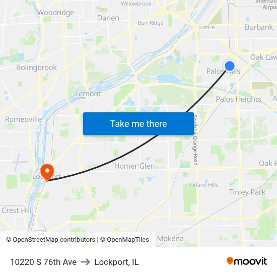 10220 S 76th Ave to Lockport, IL map