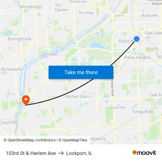 103rd St & Harlem Ave to Lockport, IL map