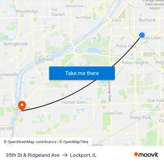 95th St & Ridgeland Ave to Lockport, IL map
