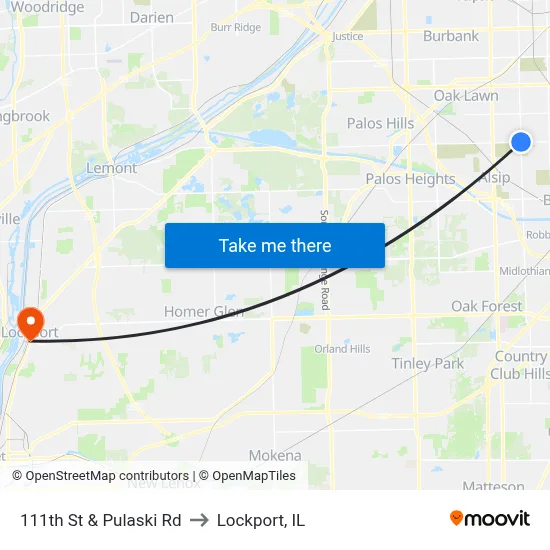 111th St & Pulaski Rd to Lockport, IL map