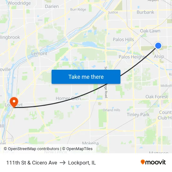 111th St & Cicero Ave to Lockport, IL map