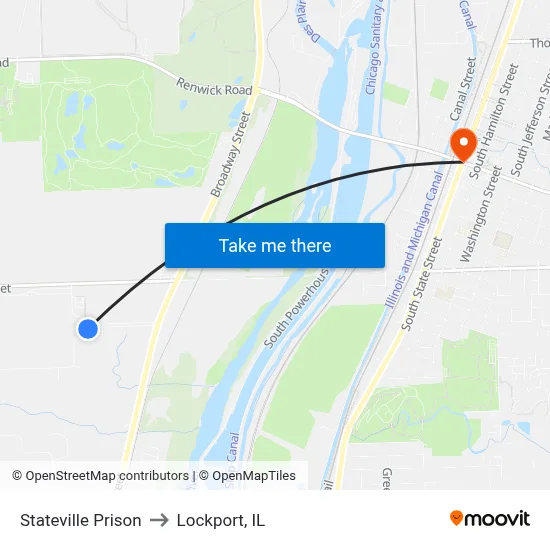 Stateville Prison to Lockport, IL map