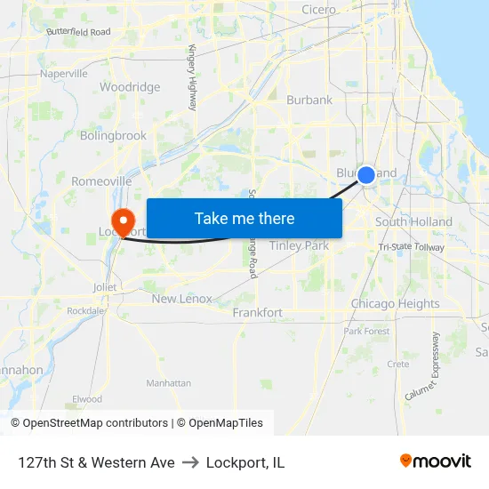 127th St & Western Ave to Lockport, IL map
