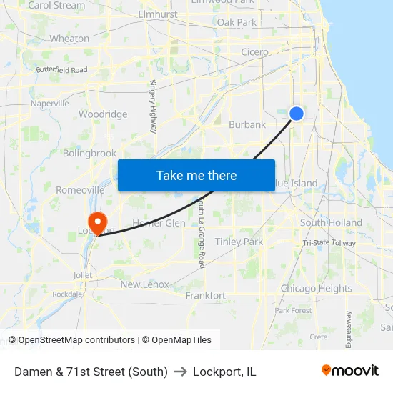 Damen & 71st Street (South) to Lockport, IL map