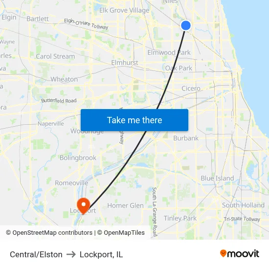 Central/Elston to Lockport, IL map