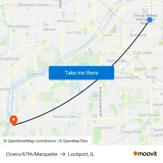 Cicero/67th/Marquette to Lockport, IL map