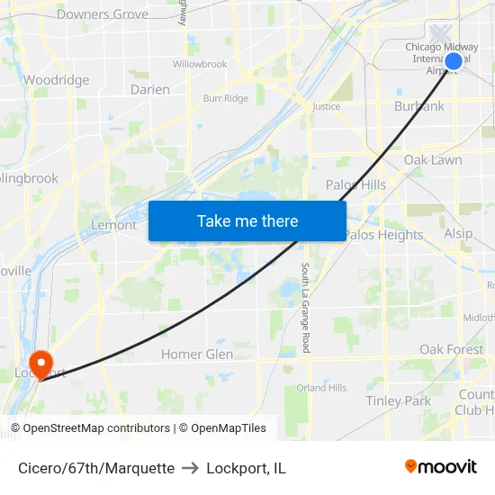 Cicero/67th/Marquette to Lockport, IL map