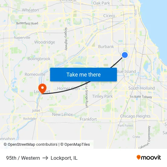 95th / Western to Lockport, IL map