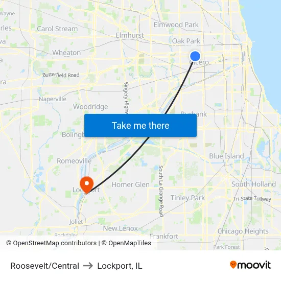 Roosevelt/Central to Lockport, IL map