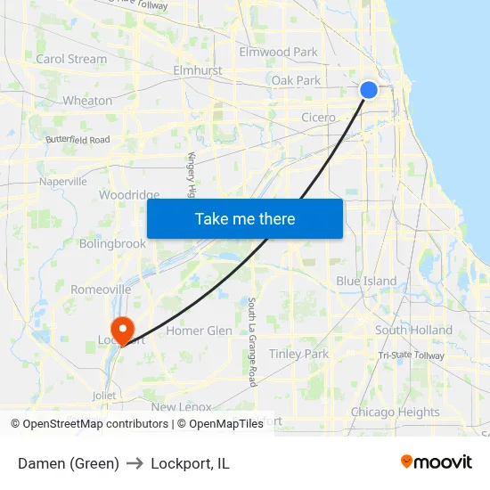 Damen (Green) to Lockport, IL map