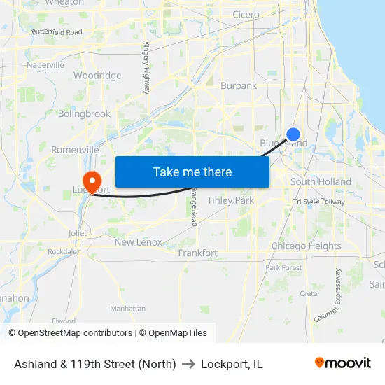Ashland & 119th Street (North) to Lockport, IL map