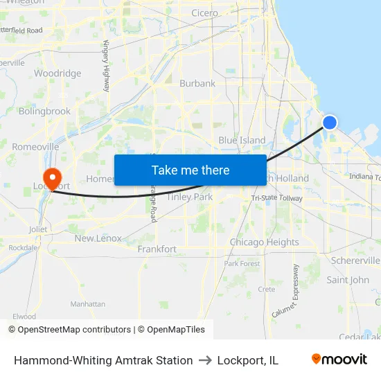 Hammond-Whiting Amtrak Station to Lockport, IL map