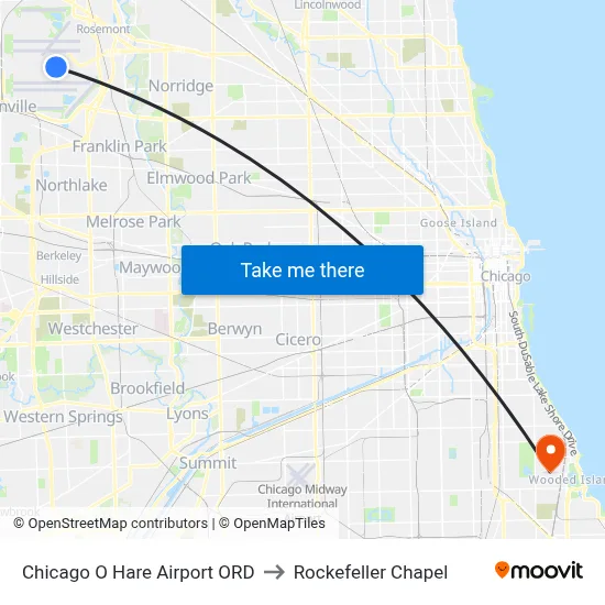 Chicago O Hare Airport ORD to Rockefeller Chapel map