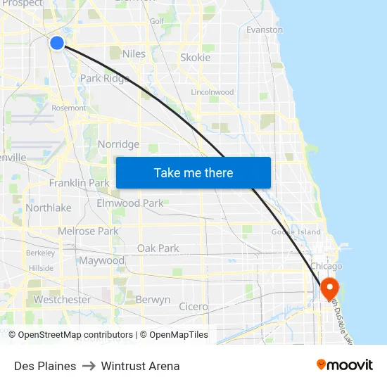 Des Plaines to Wintrust Arena map