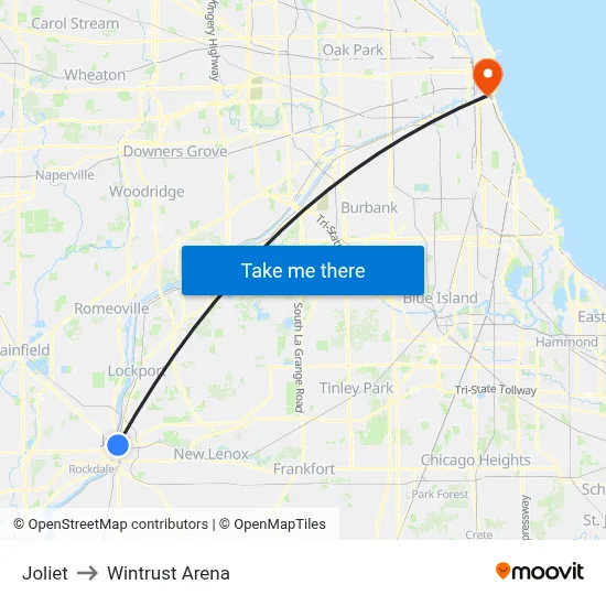 Joliet to Wintrust Arena map