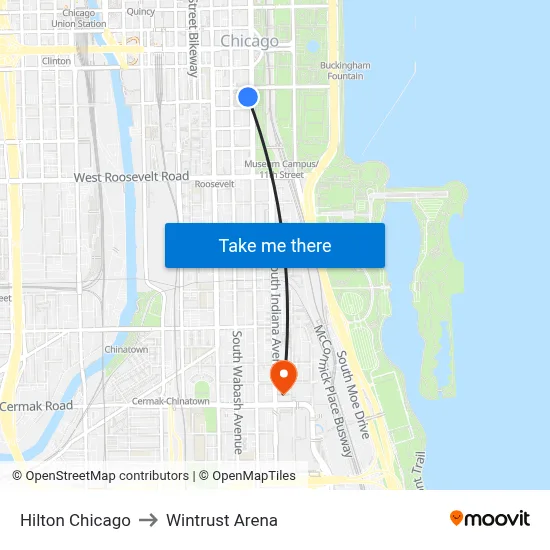 Hilton Chicago to Wintrust Arena map