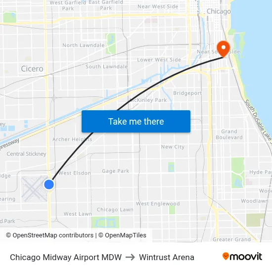 Chicago Midway Airport MDW to Wintrust Arena map