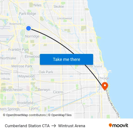 Cumberland Station CTA to Wintrust Arena map