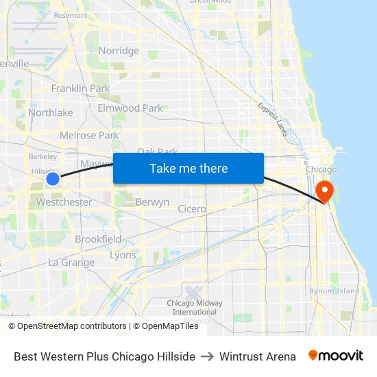 Best Western Plus Chicago Hillside to Wintrust Arena map