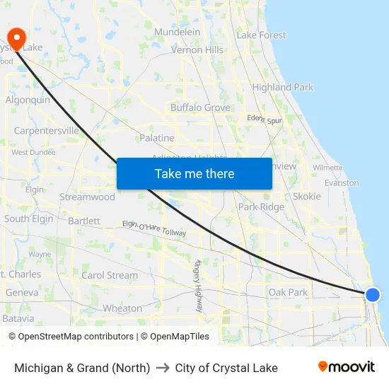 Michigan & Grand (North) to City of Crystal Lake map