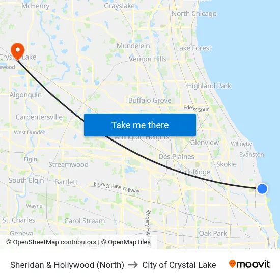 Sheridan & Hollywood (North) to City of Crystal Lake map