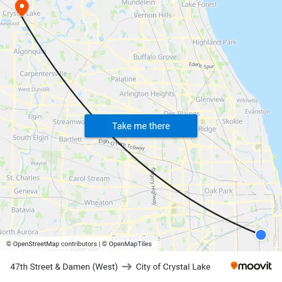 47th Street & Damen (West) to City of Crystal Lake map