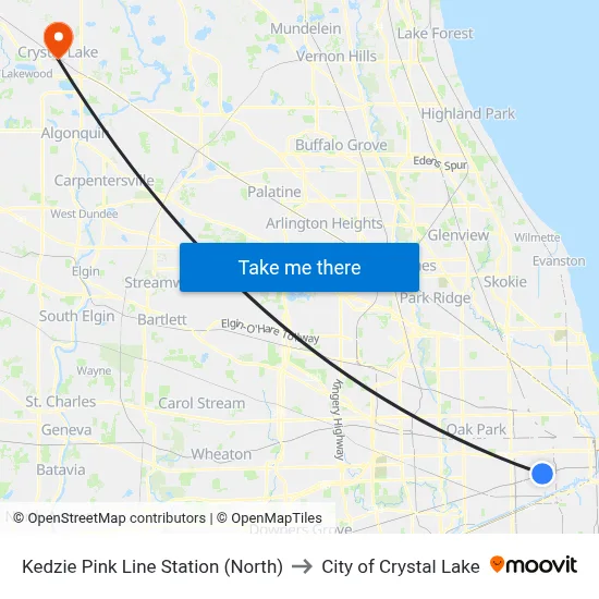Kedzie Pink Line Station (North) to City of Crystal Lake map