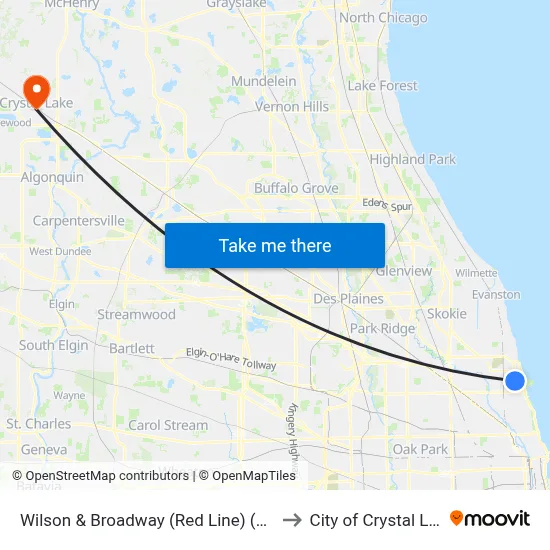 Wilson & Broadway (Red Line) (West) to City of Crystal Lake map