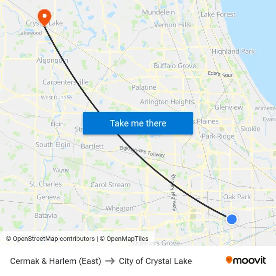 Cermak & Harlem (East) to City of Crystal Lake map