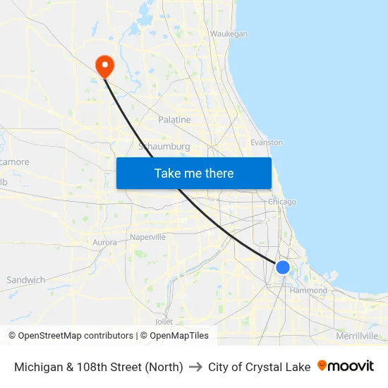 Michigan & 108th Street (North) to City of Crystal Lake map