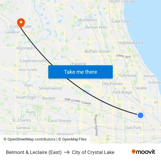 Belmont & Leclaire (East) to City of Crystal Lake map