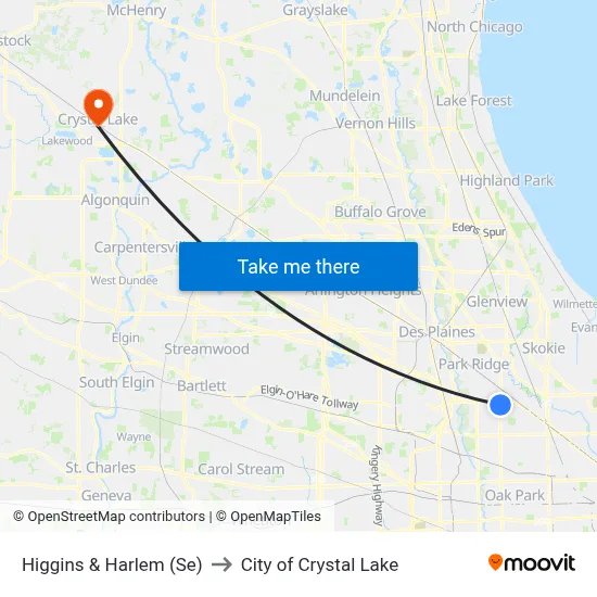 Higgins & Harlem (Se) to City of Crystal Lake map