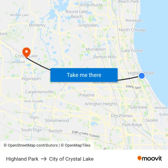Highland Park to City of Crystal Lake map
