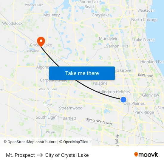 Mt. Prospect to City of Crystal Lake map