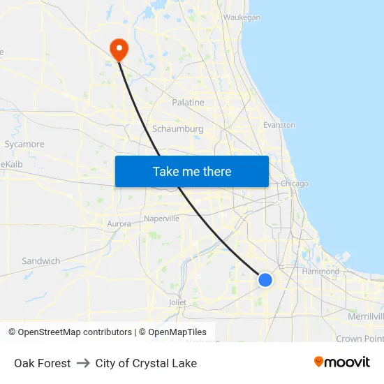 Oak Forest to City of Crystal Lake map
