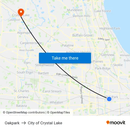 Oakpark to City of Crystal Lake map
