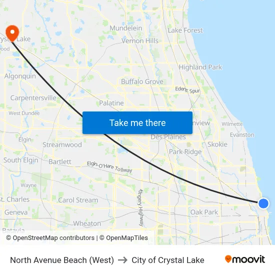 North Avenue Beach (West) to City of Crystal Lake map