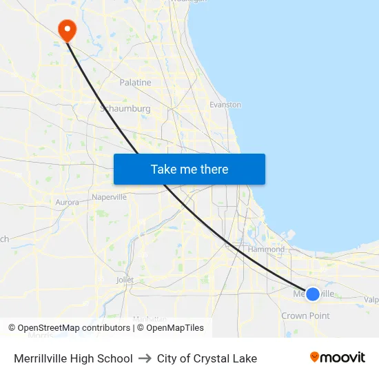 Merrillville High School to City of Crystal Lake map