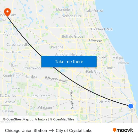 Chicago Union Station to City of Crystal Lake map
