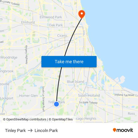 Tinley Park to Lincoln Park map