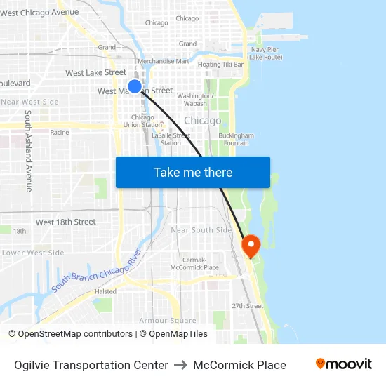 Ogilvie Transportation Center to McCormick Place map