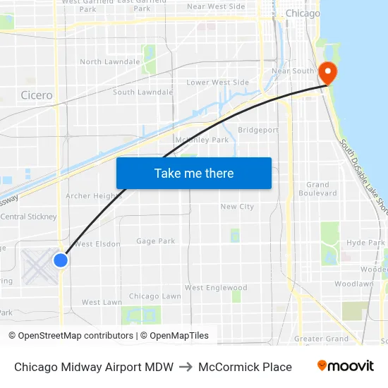 Chicago Midway Airport MDW to McCormick Place map