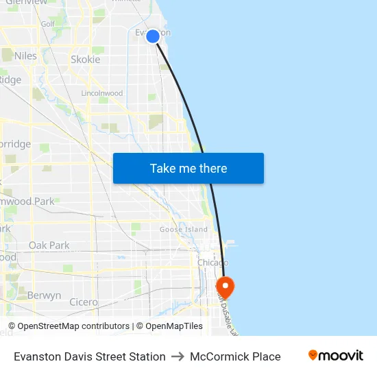Evanston Davis Street Station to McCormick Place map