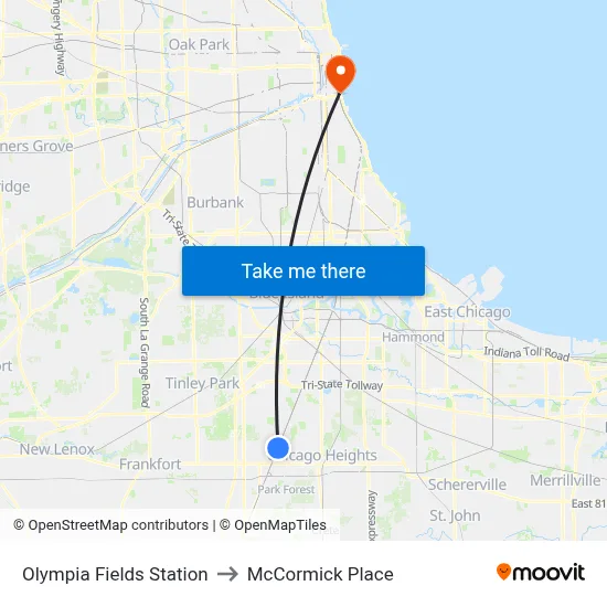 Olympia Fields Station to McCormick Place map