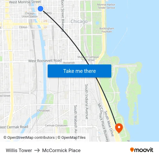 Willis Tower to McCormick Place map