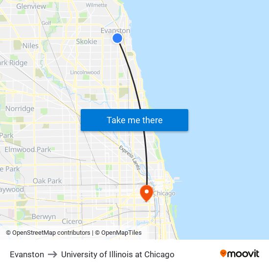 Evanston to University of Illinois at Chicago map