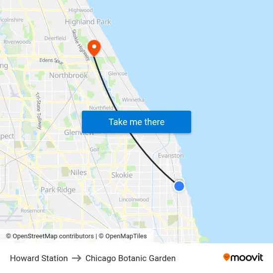 Howard Station to Chicago Botanic Garden map