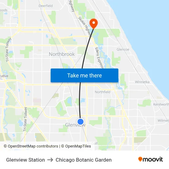 Glenview Station to Chicago Botanic Garden map